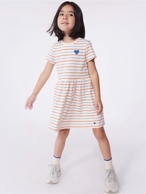EUC Petit Bateau short sleeve stripy cotton dress with heart badge